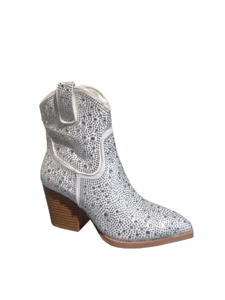 Penny Diamante Embellished PUNYBY Cowboy Heel Boots - Silver