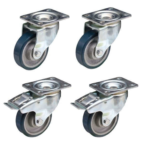 Polyurethane on Cast Iron Wheel Swivel Plate + Brake Castors 100mm