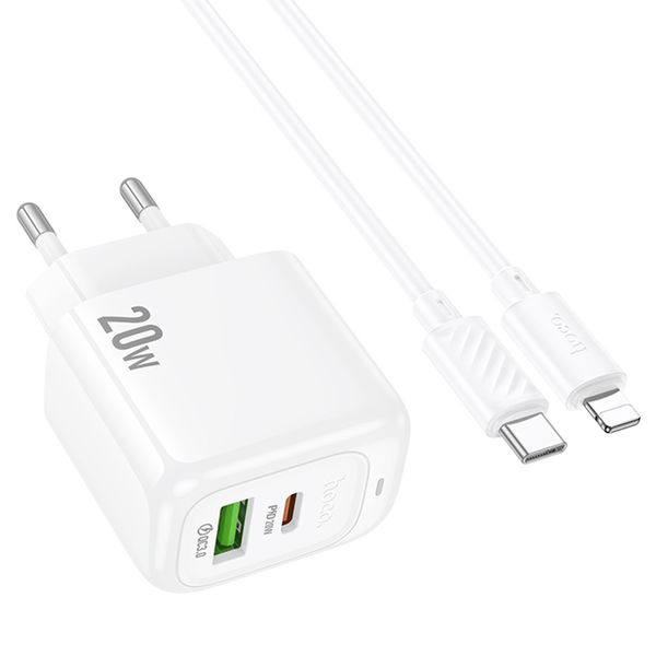 HOCO Fast Charging Adapter 20W Dual Ports With USB-C To IP 1m Cable- CS54A