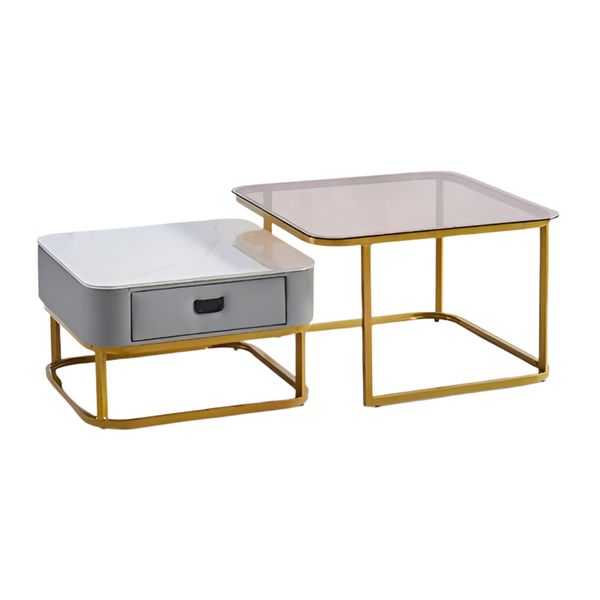 Elegant Nesting Square Glass Top Coffee Table with Marble Top Drawer Table