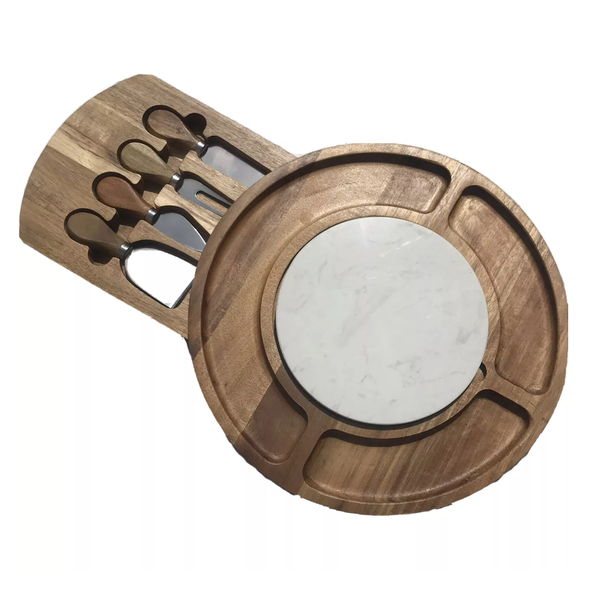 Slide-Out Drawer Acacia Wood Cheese Platter With Cutlery