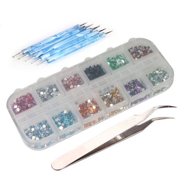 3000 Pcs 2Mm 12 Color Nail Art Glitter Rhinestones Tips 5 x 2 Way