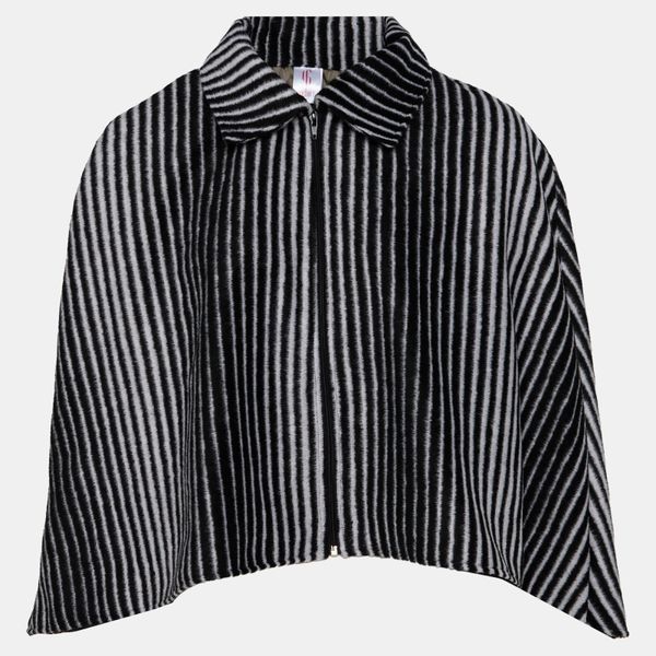 Women's Zipped Stripped Curved Poncho with Classic Collar with lining