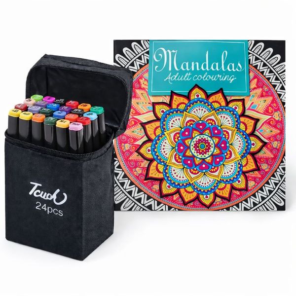 24-Pack Dual Tip Art Markers with Anti Stress Adult Colouring Book Set Gift