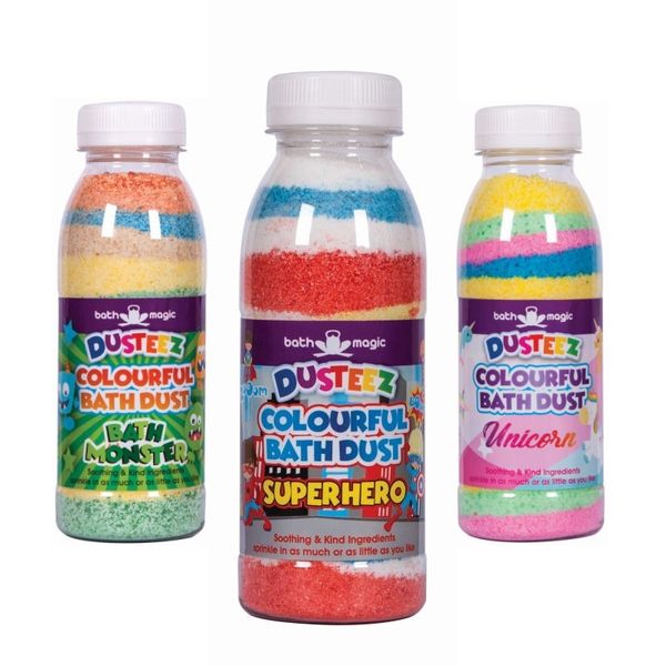 Dusteez - Colourful Bath Dust - Super Hero, Bath Monster &amp; Unicorn - 3 Pack