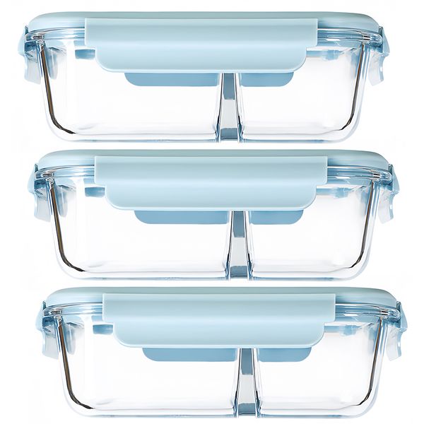 3pc X 1000ml Glass Food Storage Lunch Box,Strong Grip Seal - 2 Compartments