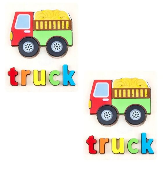 2 x Sets of Educational 3D Wooden Truck Name Puzzle