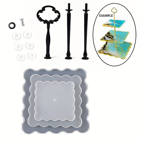 Silicone Mould - Square 3 Layered Cake Stand with Silver Flower Fittings
