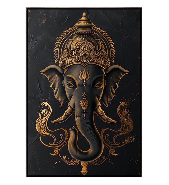 Black, Gold Lord Ganesha Cotton Canvas cm Religious Wall Art