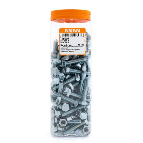 EUREKA Set Screw &amp; Nut Galvanised 8 x 40mm Q:100 T7B290