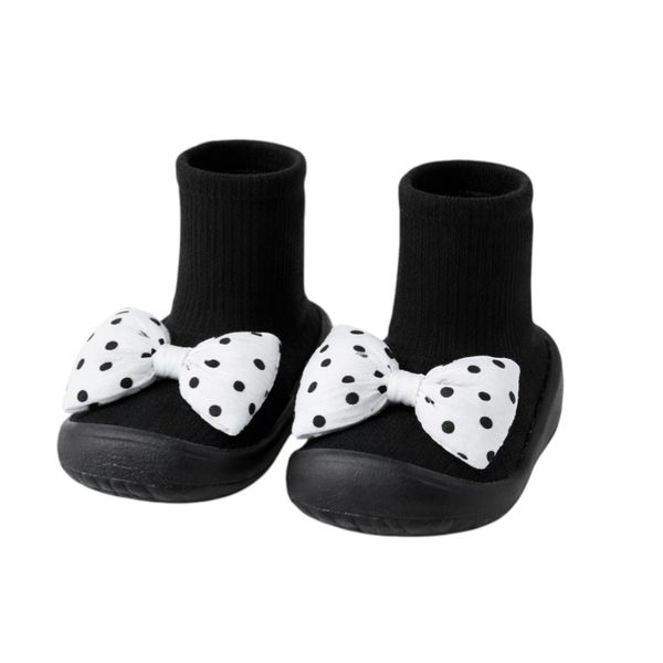 Baby Girls Ribbed Sock Shoes With Polka Dot Bow With Firm Sole - Black