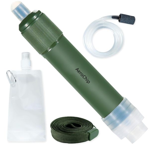 Green Portable Water Filter Straw, 3-Stage Purifier for Outdoor Emergency