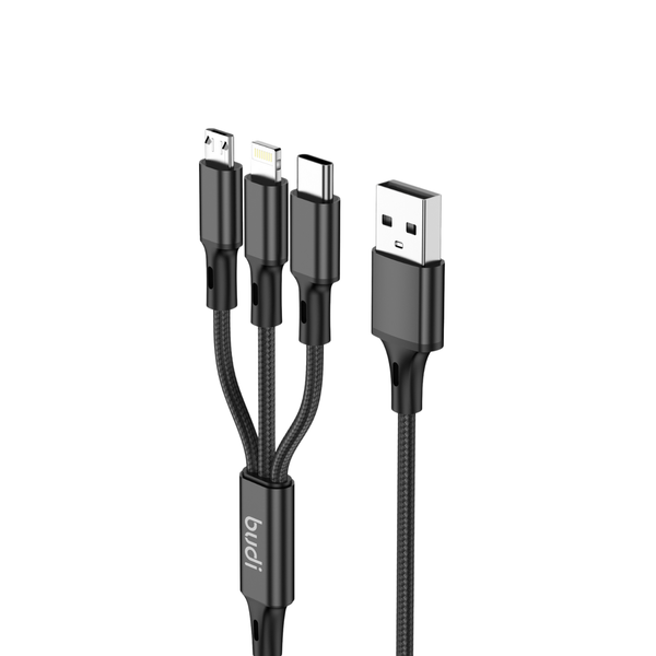 BUDI 1M LENGTH 3-in-1 BRAIDED METAL-SHELL CHARGE ONLY CABLE