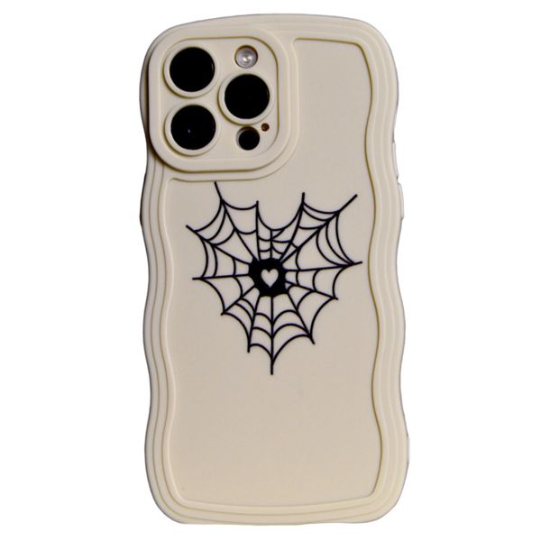 Beige - Phone Case with Wavy Edge and a Black Web Heart - Iphone 14 Pro Max