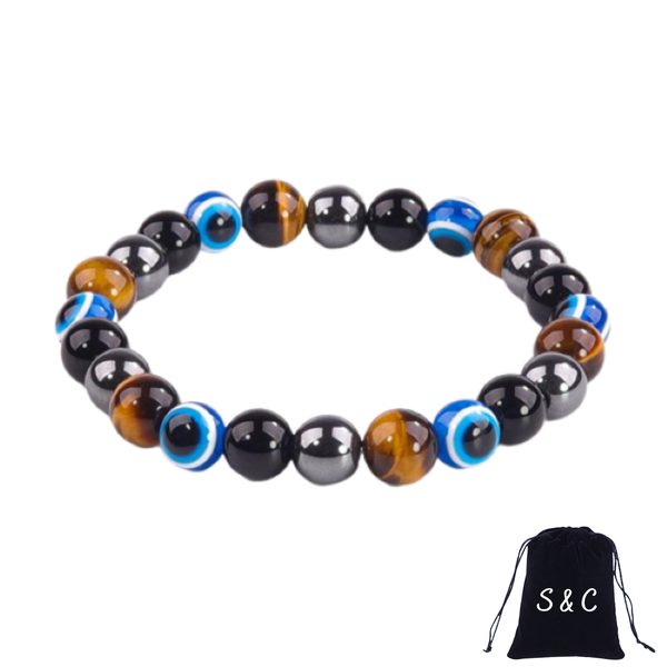 Triple Protection Beaded Bracelet for Men WomenTigers Evil Eye 6mm by S &amp; C