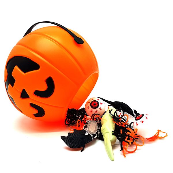 Bufftee Halloween Pumpkin Bucket Full Of Spiders Trick or Treat Bucket