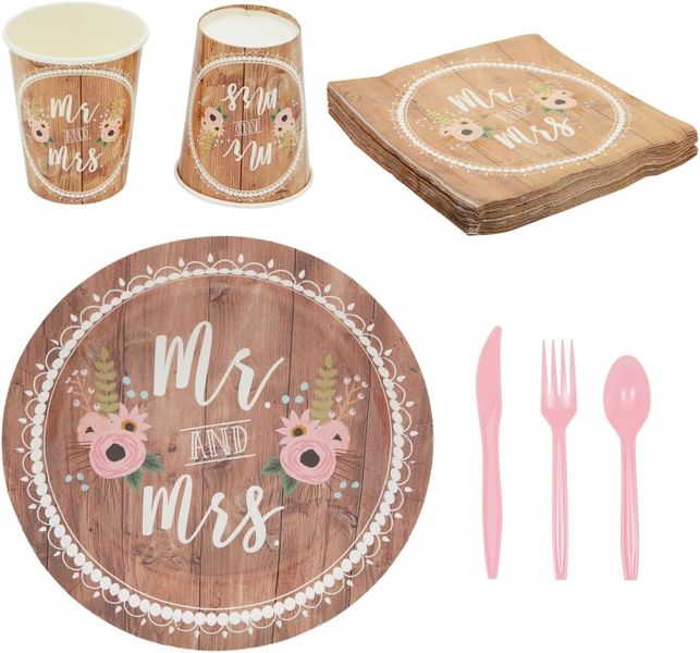 Topika - 144-Piece Mr and Mrs Wedding &amp; Bridal Shower Paper Party Set
