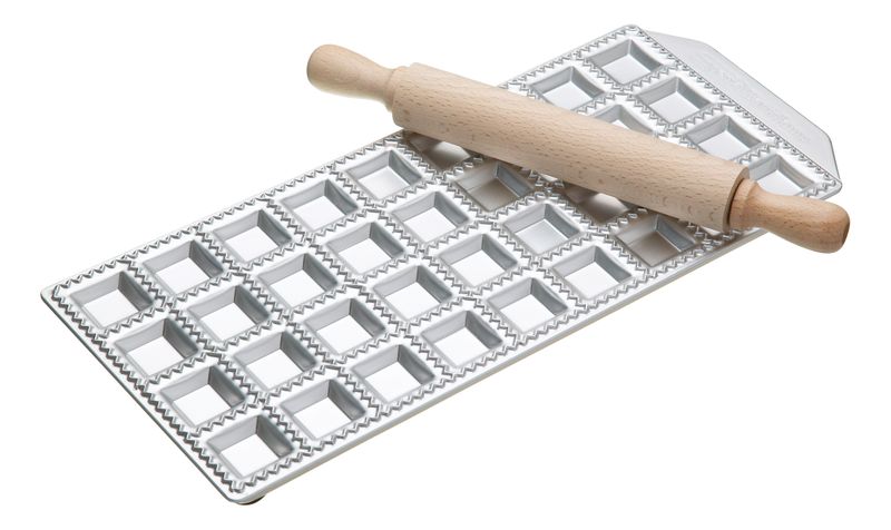 Imperia Italian Ravioli Tray Thirty-Six Hole and Rolling Pin