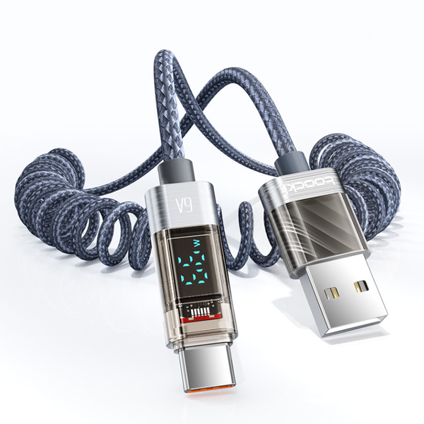 Toocki - 6A Spring Fast Charge Cable with Watt Display -1.8M - Grey