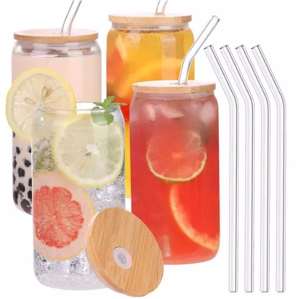 Cocktail Drinking Glasses with Bamboo Lid and Glass Straw - Set of 4 - 500ml