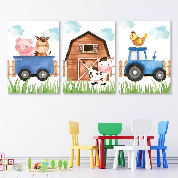 Farm Animals in a Blue Tractor - A2 - Canvas (3.5cm ) -Set Of 3