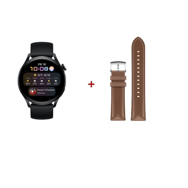 Huawei Watch 3 Esim - Black + Huawei EasyFit 2 Lather Strap - Cocoa Brown