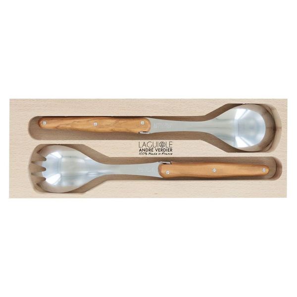 Andre Verdier Laguiole Olive Salad Server Set in Wooden Box