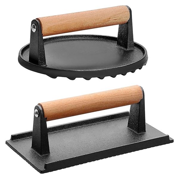 2 Piece Burger Press Cast Iron Grill Press with Wood Handle Grill Meat Press