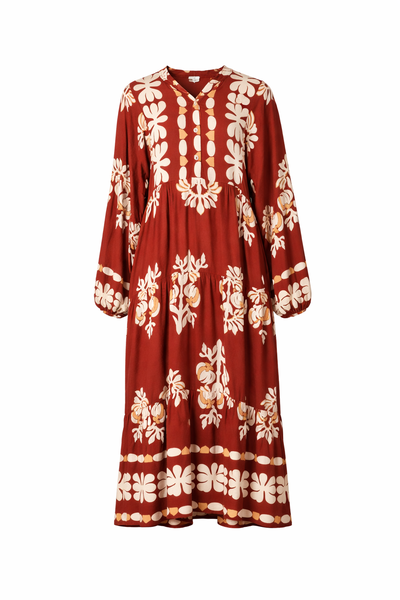 Red &amp; Brown Flowy Long Sleeve Modest Maxi Dress with Ornate Print