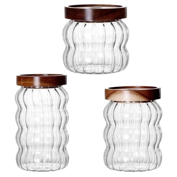 3-Pack Wavy Glass Storage Jar Set with Wooden Lids - Transparent