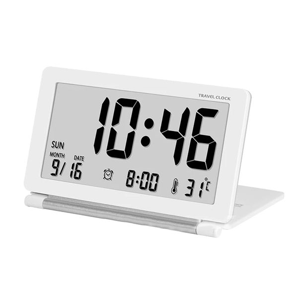Folding LCD Digital Travel Alarm Clock with Temperature Date Time (White)