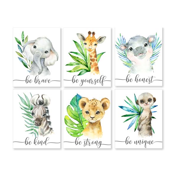 Nursery Wall Art - Be Brave Baby Animals - Set of 6x A3