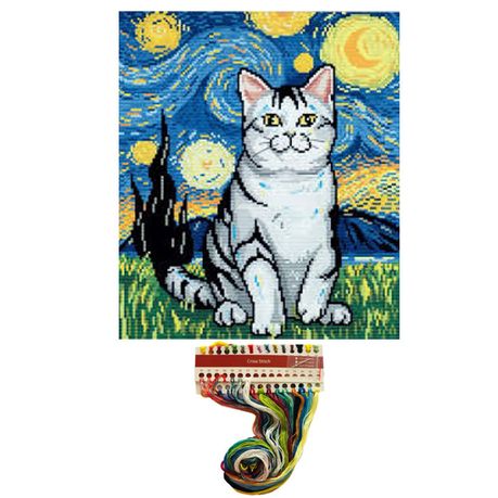 Cross Stitch Starry Night Cat 14CT Embroidery Sewing DIY Craft Kit Image
