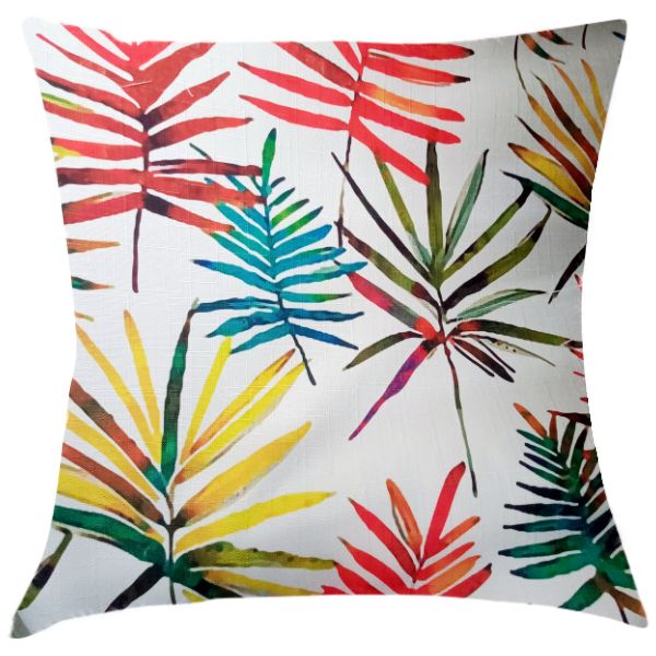 White Pillow/Scatter Cushion With Colorful Palm Leaves (Inner Included)