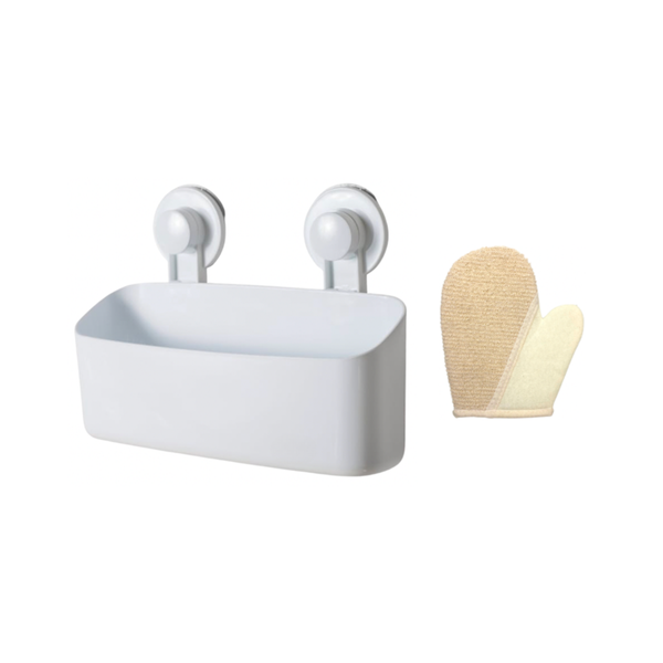Bathroom Storage Holder with Suction Cups and Exfoliating Glove