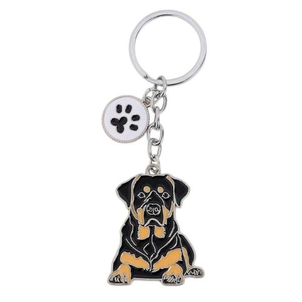 Rottweiler Dog Keychain With Paw Print Pendant