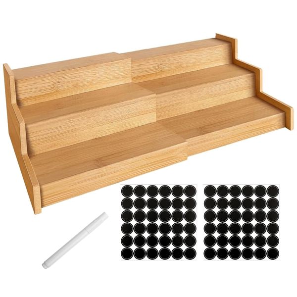 3 Tier Expandbale Bamboo Spice Rack Organiser Cabinet With Labels &amp; Marker