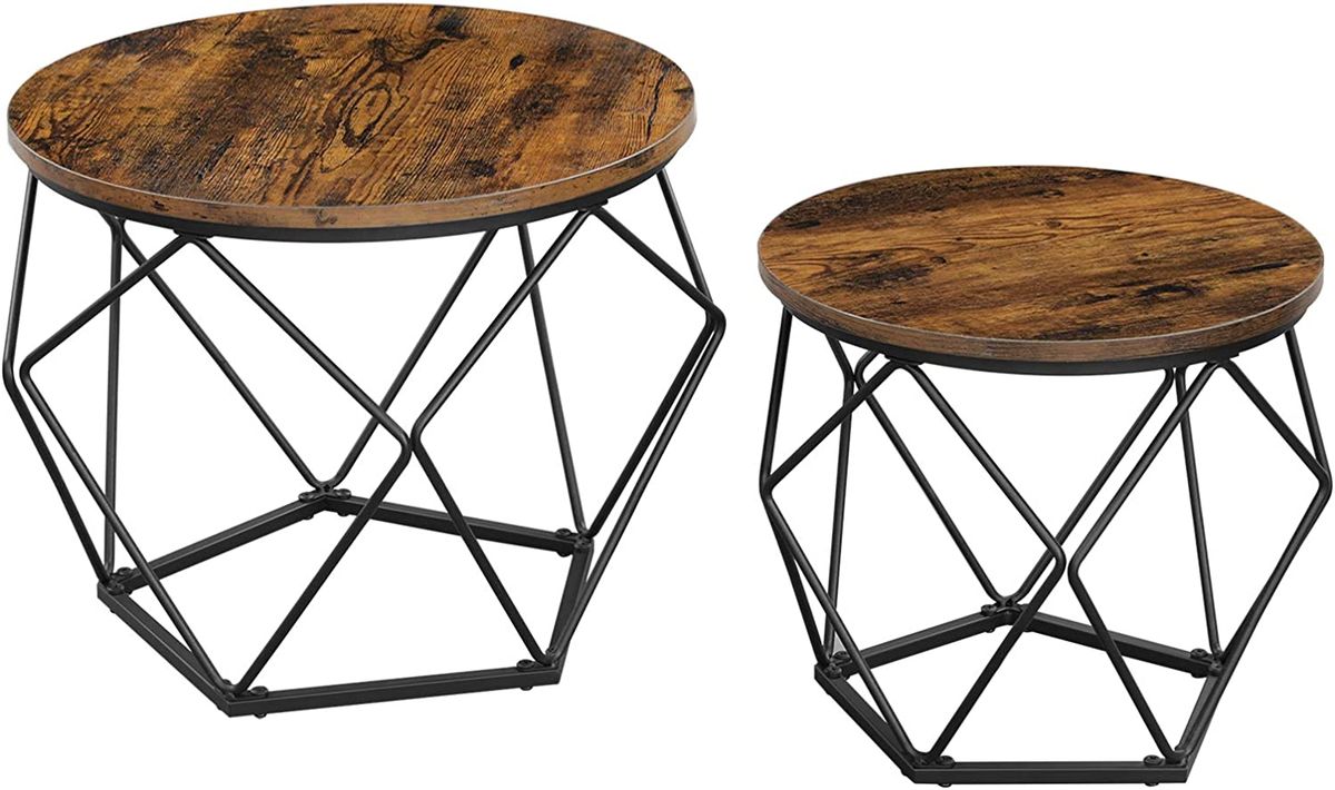 Rustic Nesting Coffee Tables Set of 2 - Wood Top with Metal Geometric Frame