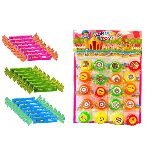 Kids Party Snacks/Prizes-20 Themed Yoyos + 21 Mini Fizzer Sweets 3 Flavours