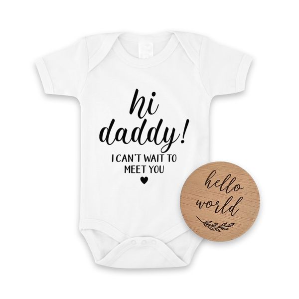 Hi Daddy Pregnancy Announcement Baby Onesie And Hello World Disc Set