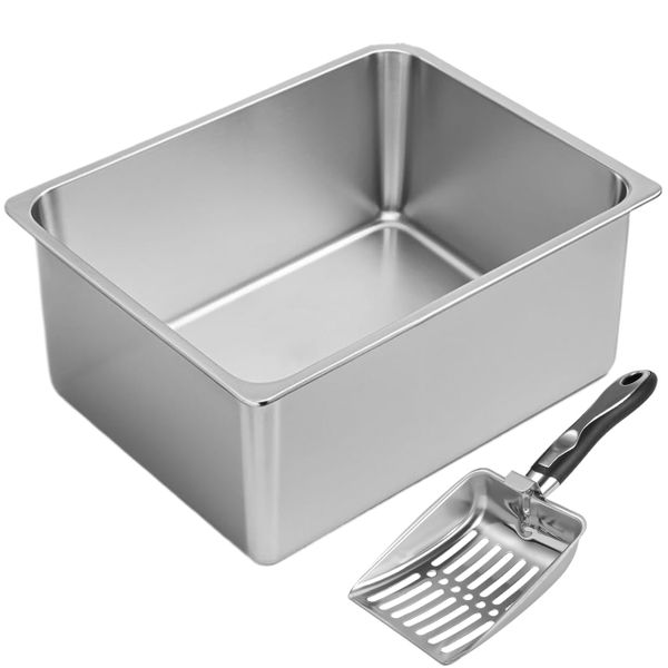 Stainless Steel Cat Litter Box With Cat Scoop Easy To Clean-50x35x15CM