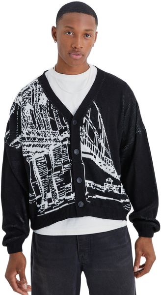 boohooMAN - Men's Boxy Line Graphic Cardigan - Black