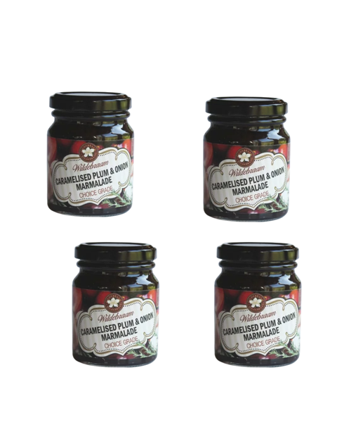 Wildebraam Plum and Caramelised Onion Jam, Handmade Preserve 4 x 180g Jars