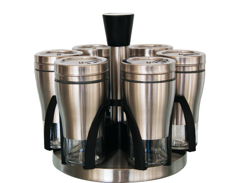 7 Piece Broad Glass Spice Jars in Stainless Steel Jacket and rotating rack