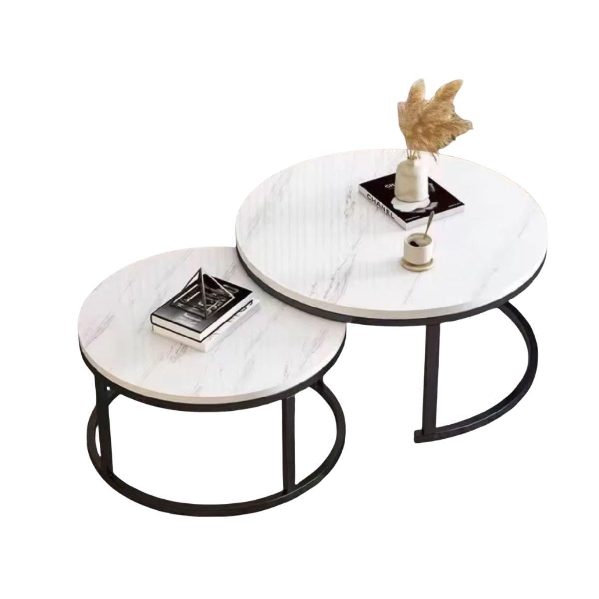 Round Nesting Coffee Table Set of 2, End Side Table with Sturdy Metal Frame