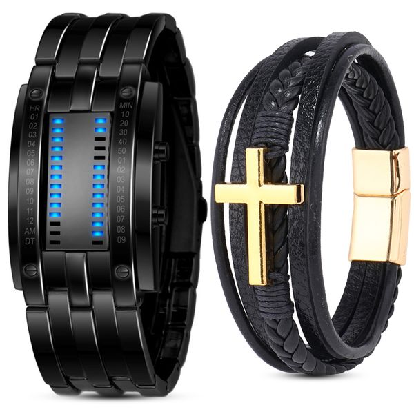 Digital Watch LED Binary Watches Waterproof Stainless Steel Wrist