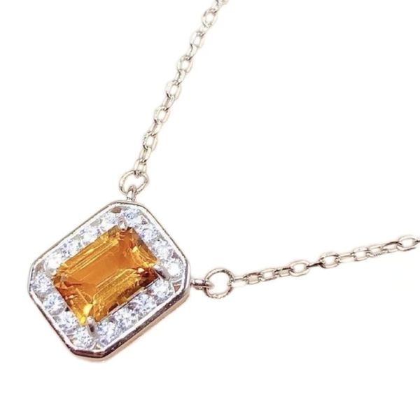Citrine Rectangular Diamond Pendant Necklace For Women