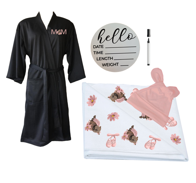 Mom &amp; Me Set - Printed Gown, Swaddle &amp; Milestone Board - Pink Hippo