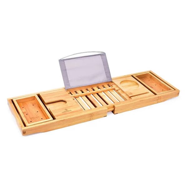 Natural Bamboo Adjustable Bathtub Tray Over Tub Storage Rack