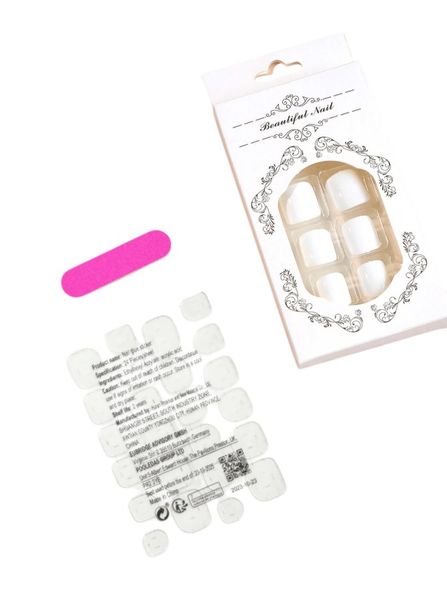 24-Piece White Square Press-On Toenails With UV Coating &amp; Application Kit